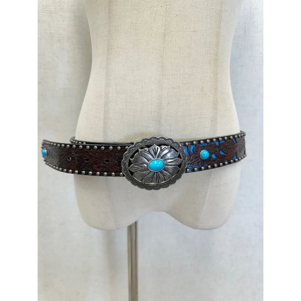 Leather Turquoise Floral Tooled Western Belt Womens Medium/Large Vegan‎ Leather